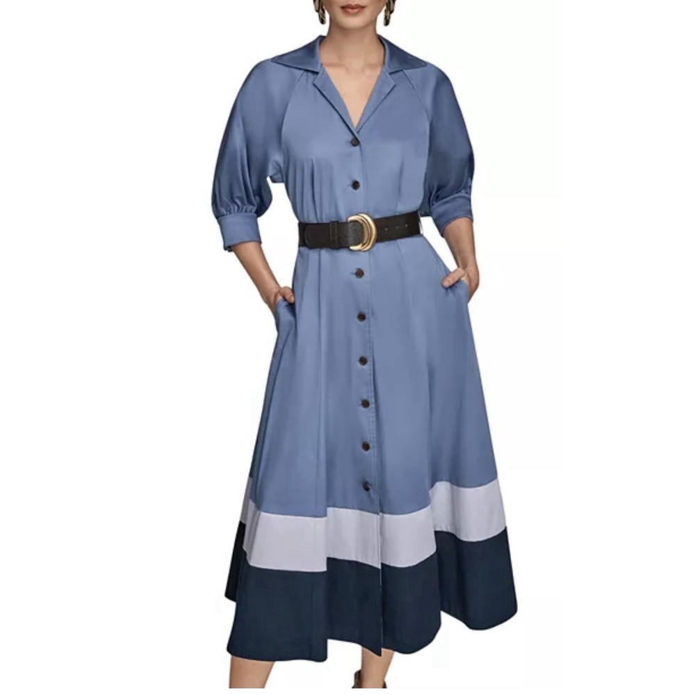 Donna Karan New York Colorblocked Belted Shirtdress Puff Sleeves Size 2 Blue